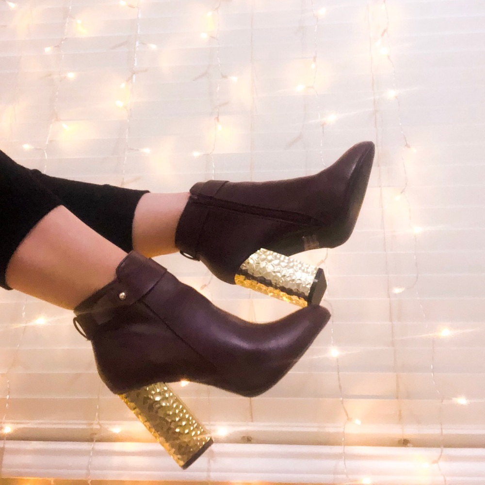 Purple booties with gold heel